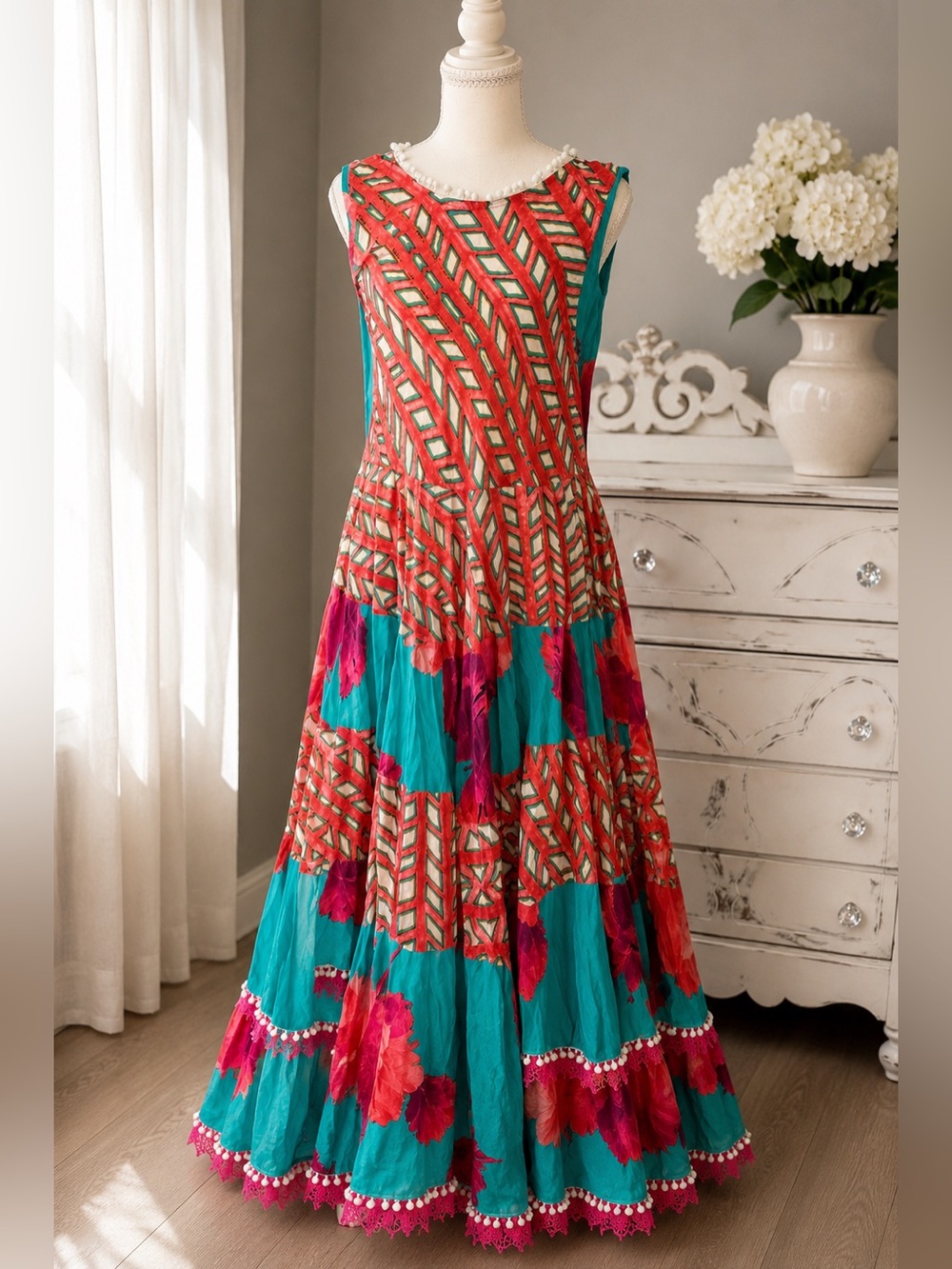 Antica Sartoria Giacomo Cinque Maxi Dress Boho Floral Pom Pom Tiered Italy OS
